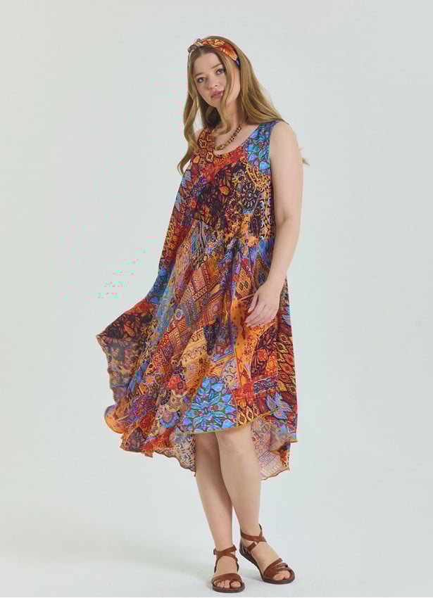 Boat Neck Loose Cut Orange Plus Size Dress 4668